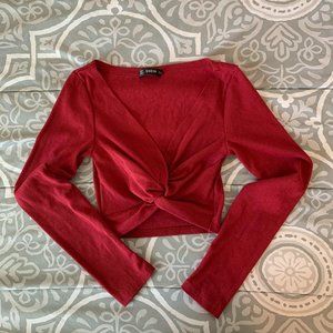 Long Sleeve Front Twist Crop Top, Red